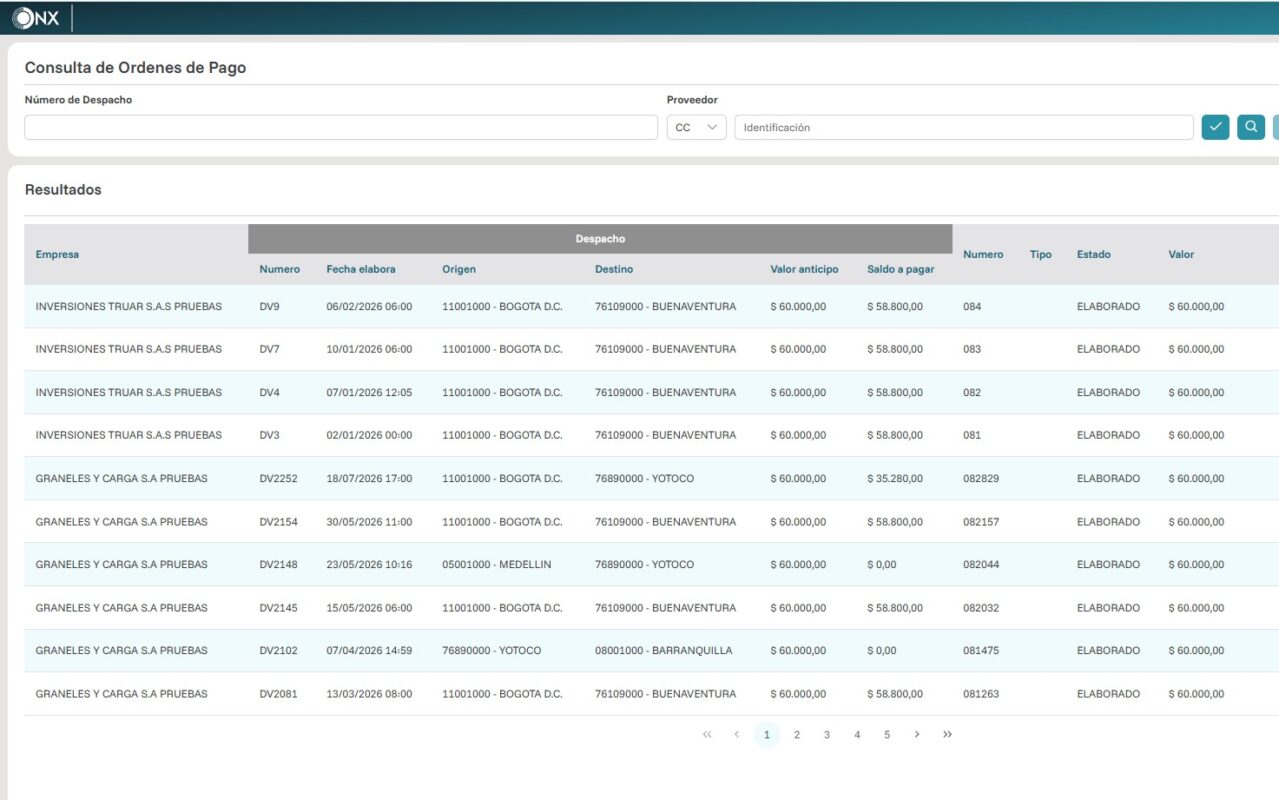 ONX TMS · ERP administrativo: consulta de órdenes de pago