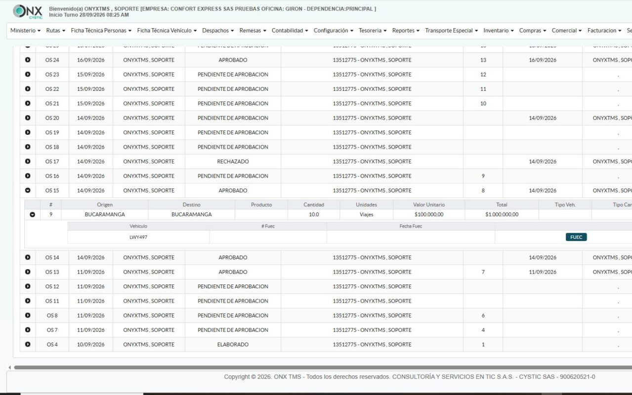 ONX TMS · Transporte especial: órdenes de servicio con FUEC